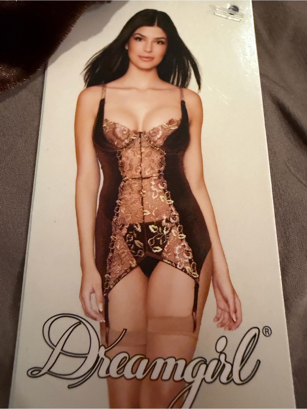 Dreamgirl Espresso Brown and Gold Lace Bustier with Garter and Thong Size M
